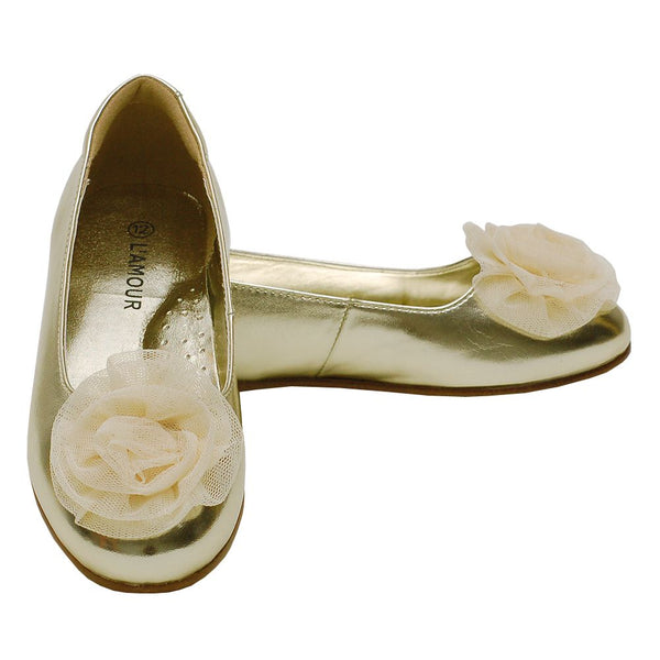 L'Amour Girls Gold Flower Slip On Dress Shoes Toddler 5-Little Girl 4 - SophiasStyle.com